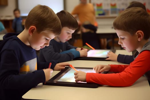 children students in school classroom using tablet computers during erducation process, photorealistic. Neural network generated in May 2023. Not based on any actual person, scene or pattern.