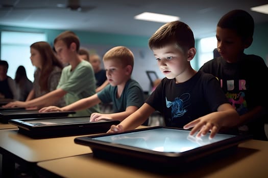 children students in school classroom using tablet computers during erducation process, photorealistic. Neural network generated in May 2023. Not based on any actual person, scene or pattern.