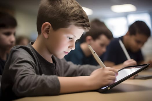 children students in school classroom using tablet computers during erducation process, photorealistic. Neural network generated in May 2023. Not based on any actual person, scene or pattern.