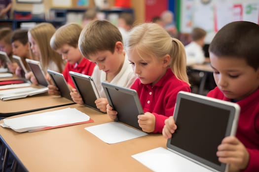 children students in school classroom using tablet computers during erducation process, photorealistic. Neural network generated in May 2023. Not based on any actual person, scene or pattern.
