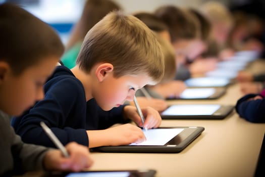 children students in school classroom using tablet computers during erducation process, photorealistic. Neural network generated in May 2023. Not based on any actual person, scene or pattern.