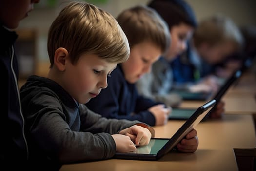 children students in school classroom using tablet computers during erducation process, photorealistic. Neural network generated in May 2023. Not based on any actual person, scene or pattern.