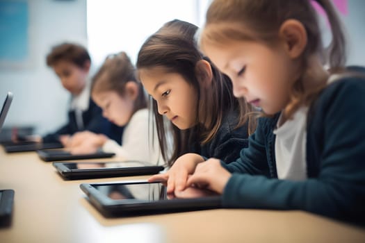 children students in school classroom using tablet computers during erducation process, photorealistic. Neural network generated in May 2023. Not based on any actual person, scene or pattern.
