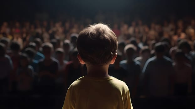 Small child gives a speech on stage in front of thousands people crowd, view from behind. Neural network generated in May 2023. Not based on any actual person, scene or pattern.