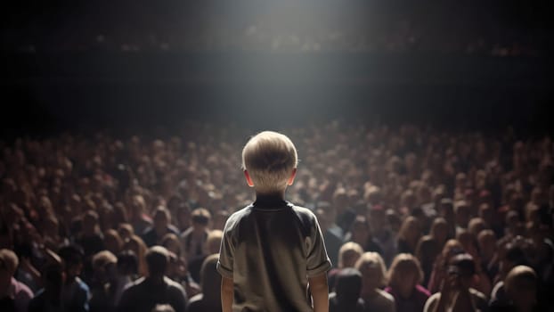 Small child gives a speech on stage in front of thousands people crowd, view from behind. Neural network generated in May 2023. Not based on any actual person, scene or pattern.