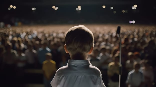 Small child gives a speech on stage in front of thousands people crowd, view from behind. Neural network generated in May 2023. Not based on any actual person, scene or pattern.