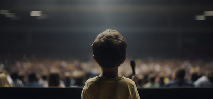 Small child gives a speech on stage in front of thousands people crowd, view from behind. Neural network generated in May 2023. Not based on any actual person, scene or pattern.