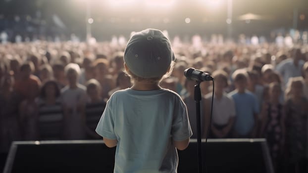 Small child gives a speech on stage in front of thousands people crowd, view from behind. Neural network generated in May 2023. Not based on any actual person, scene or pattern.