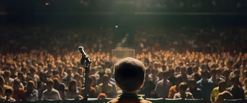 Small child gives a speech on stage in front of thousands people crowd, view from behind. Neural network generated in May 2023. Not based on any actual person, scene or pattern.