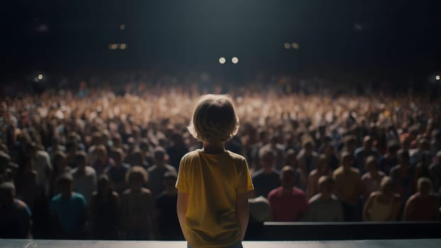Small child gives a speech on stage in front of thousands people crowd, view from behind. Neural network generated in May 2023. Not based on any actual person, scene or pattern.