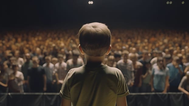 Small child gives a speech on stage in front of thousands people crowd, view from behind. Neural network generated in May 2023. Not based on any actual person, scene or pattern.
