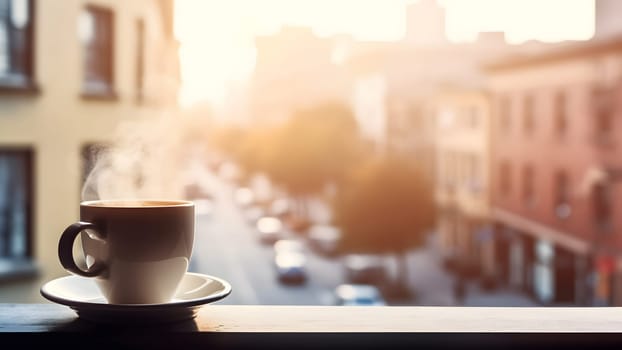 hot coffee cup on windowsill with blurry morning city in the background. Neural network generated in May 2023. Not based on any actual person, scene or pattern.