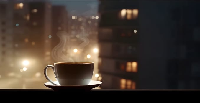 hot coffee cup on windowsill with blurry night city in the background. Neural network generated in May 2023. Not based on any actual person, scene or pattern.