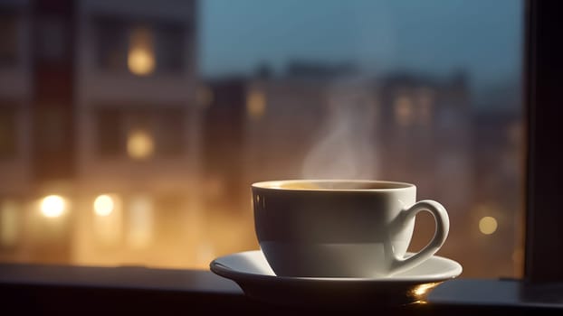 hot coffee cup on windowsill with blurry night city in the background. Neural network generated in May 2023. Not based on any actual person, scene or pattern.