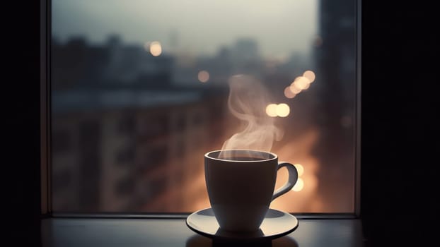 hot coffee cup on windowsill with blurry night city in the background. Neural network generated in May 2023. Not based on any actual person, scene or pattern.