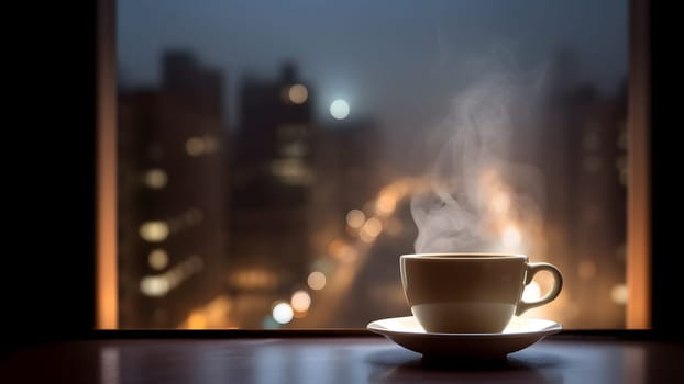 hot coffee cup on windowsill with blurry night city in the background. Neural network generated in May 2023. Not based on any actual person, scene or pattern.