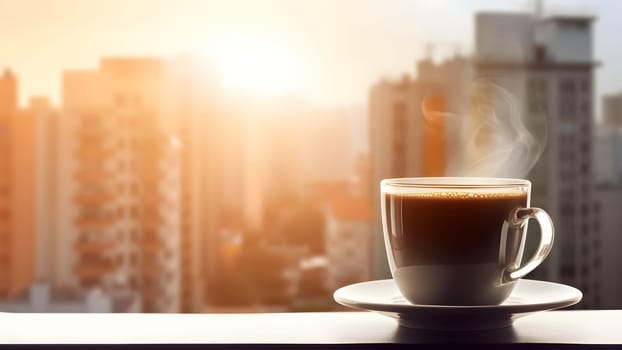 hot coffee cup on windowsill with blurry morning city in the background. Neural network generated in May 2023. Not based on any actual person, scene or pattern.