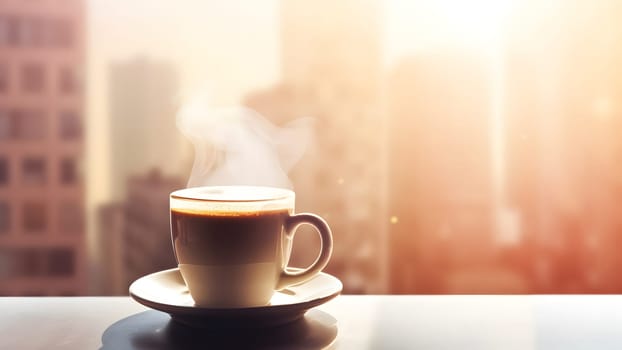hot coffee cup on windowsill with blurry morning city in the background. Neural network generated in May 2023. Not based on any actual person, scene or pattern.