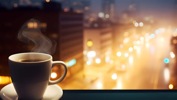 hot coffee cup on windowsill with blurry night city in the background. Neural network generated in May 2023. Not based on any actual person, scene or pattern.