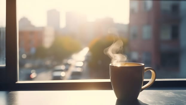 hot coffee cup on windowsill with blurry morning city in the background. Neural network generated in May 2023. Not based on any actual person, scene or pattern.