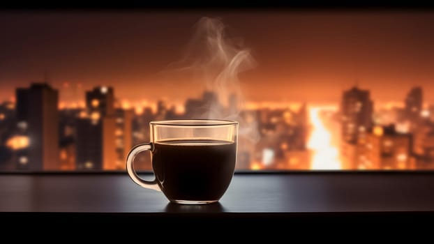 hot coffee cup on windowsill with blurry night city in the background. Neural network generated in May 2023. Not based on any actual person, scene or pattern.