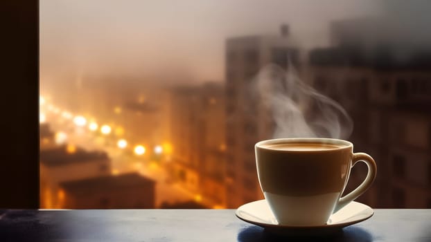 hot coffee cup on windowsill with blurry night city in the background. Neural network generated in May 2023. Not based on any actual person, scene or pattern.
