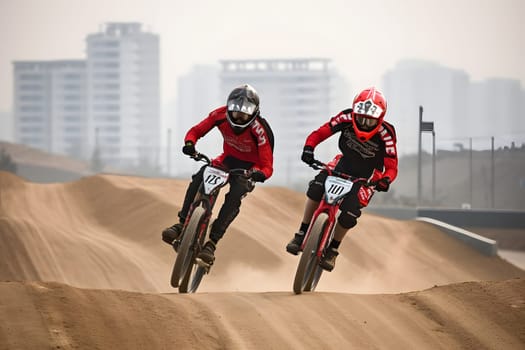 Extreme sport BMX racing at daytime. Neural network generated in May 2023. Not based on any actual person, scene or pattern.