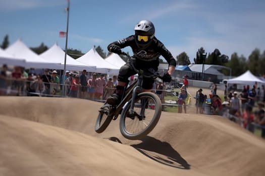 Extreme sport BMX racing at daytime. Neural network generated in May 2023. Not based on any actual person, scene or pattern.