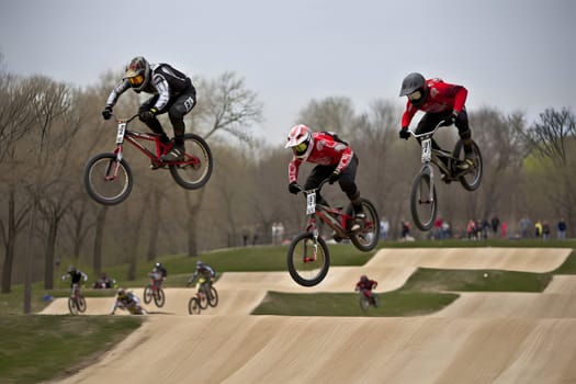Extreme sport BMX racing at daytime. Neural network generated in May 2023. Not based on any actual person, scene or pattern.
