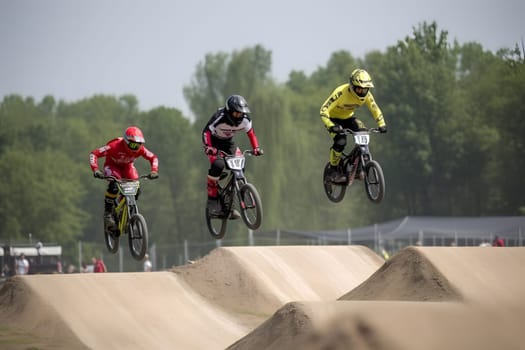 Extreme sport BMX racing at daytime. Neural network generated in May 2023. Not based on any actual person, scene or pattern.