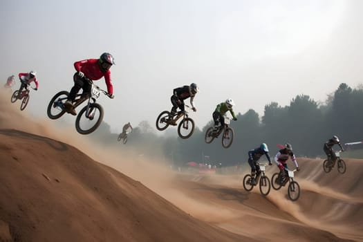 Extreme sport BMX racing at daytime. Neural network generated in May 2023. Not based on any actual person, scene or pattern.