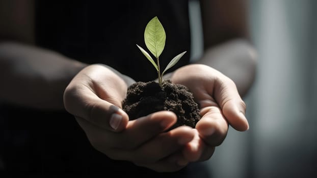 hands holding soil with green sprout, finance, new business start-up concept. Neural network generated in May 2023. Not based on any actual person, scene or pattern.