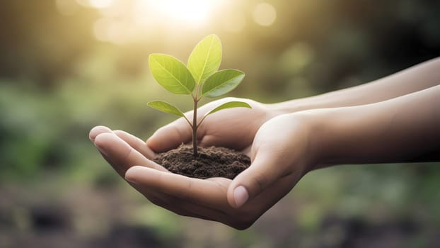 hands holding soil with green sprout, finance, new business start-up concept. Neural network generated in May 2023. Not based on any actual person, scene or pattern.