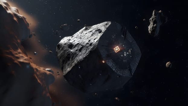 Asteroid mining in open space. Neural network generated in May 2023. Not based on any actual person, scene or pattern.