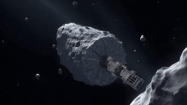 Asteroid mining in open space. Neural network generated in May 2023. Not based on any actual person, scene or pattern.