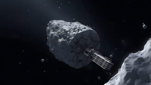 Asteroid mining in open space. Neural network generated in May 2023. Not based on any actual person, scene or pattern.