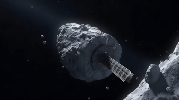 Asteroid mining in open space. Neural network generated in May 2023. Not based on any actual person, scene or pattern.