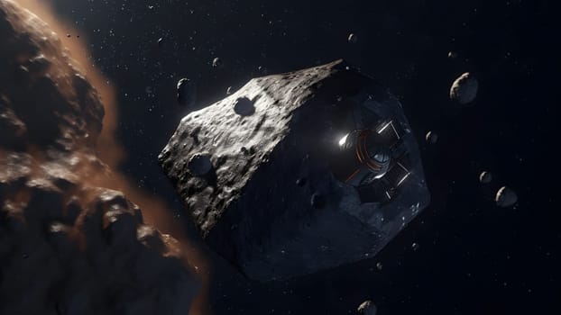 Asteroid mining in open space. Neural network generated in May 2023. Not based on any actual person, scene or pattern.