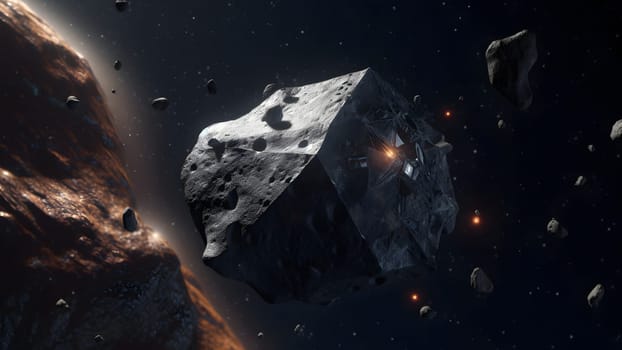 Asteroid mining in open space. Neural network generated in May 2023. Not based on any actual person, scene or pattern.