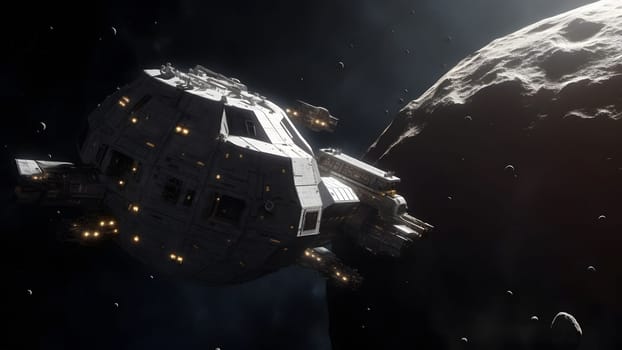 Asteroid mining in open space. Neural network generated in May 2023. Not based on any actual person, scene or pattern.