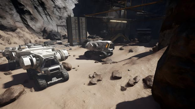 large asteroid mining operations, mining vehicles on surface of the space rock. Neural network generated in May 2023. Not based on any actual person, scene or pattern.