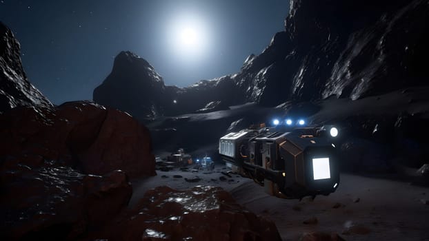 large asteroid mining operations, mining vehicles on surface of the space rock. Neural network generated in May 2023. Not based on any actual person, scene or pattern.