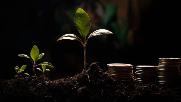 plant and money growing up on stacks of coins. Neural network generated in May 2023. Not based on any actual person, scene or pattern.