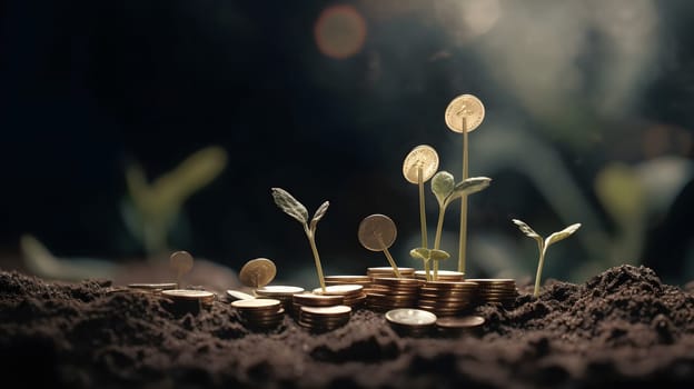 plant and money growing up on stacks of coins. Neural network generated in May 2023. Not based on any actual person, scene or pattern.