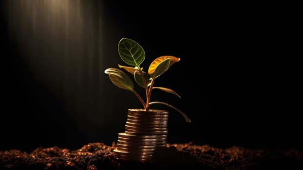 plant and money growing up on stacks of coins. Neural network generated in May 2023. Not based on any actual person, scene or pattern.