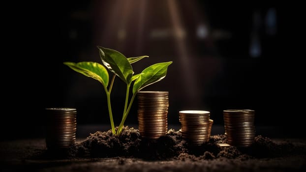plant and money growing up on stacks of coins. Neural network generated in May 2023. Not based on any actual person, scene or pattern.