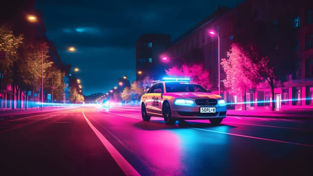 police car on a road at night in violet colors. Neural network generated in May 2023. Not based on any actual person, scene or pattern.
