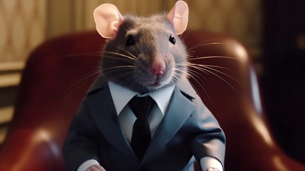rat as president wearing costume and sitting in president chair. Neural network generated in May 2023. Not based on any actual person, scene or pattern.