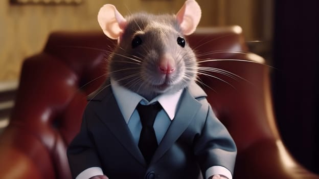 rat as president wearing costume and sitting in president chair. Neural network generated in May 2023. Not based on any actual person, scene or pattern.