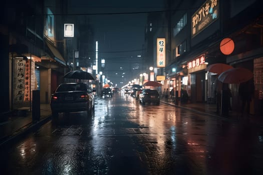 Tokyo streets at rainy night. Neural network generated in May 2023. Not based on any actual person, scene or pattern.
